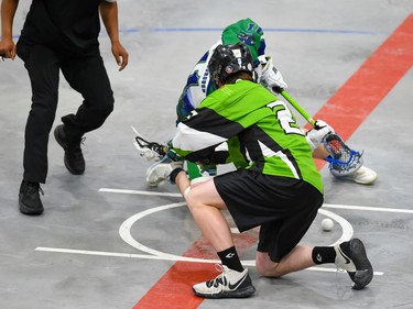Cornwall Celtics Liam Ault fights Peterborough Lakers Sam O'Connor for the ball on Sunday May 22, 2022 in Cornwall, Ont. The Lakers won 13-4. Robert Lefebvre/Special to the Cornwall Standard-Freeholder/Postmedia Network