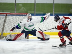 Ottawa Jr. Senators Massimo Gentile takes a shot - which would score a goal - on Hawkesbury Hawks goaltender Matthew Tovell, during CCHL Bogart Cup play on Friday May 6, 2022 in Hawkesbury, Ont. Ottawa won 4-3 in OT. Robert Lefebvre/Special to the Cornwall Standard-Freeholder/Postmedia Network