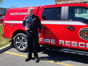 Handout/Cornwall Standard-Freeholder/Postmedia Network
South Dundas Fire and Emergency Services chief Cameron Morehouse, seen with the 2022 Volunteer Firemen's Insurance Services Volunteer Firefighter Recruitment and Retention Award.