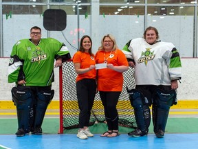From left, Cornwall Celtics goalie Wishe Benedict, Akwesasne Strong Roots Foundation board member Robyn Terrance, Akwesasne Strong Roots Foundation administrator Chessie White, and Celtics goalie Zac Coir at the presentation of a donation from the team to the foundation on Friday May 20, 2022 in Cornwall, Ont. Robert Lefebvre/Special to the Cornwall Standard-Freeholder/Postmedia Network