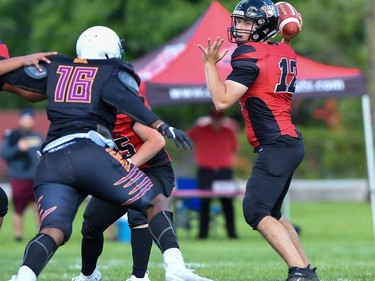 Cornwall Wildcats quarterback throws during play against the Peel Panthers on Saturday May 28, 2022 in Cornwall, Ont. The Wildcats won 57-0. Robert Lefebvre/Special to the Cornwall Standard-Freeholder/Postmedia Network