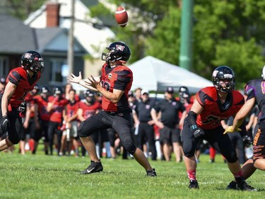 Cornwall Wildcats No. 12 gets ready to catch the ball during play against the Peel Panthers on Saturday May 28, 2022 in Cornwall, Ont. The Wildcats won 57-0. Robert Lefebvre/Special to the Cornwall Standard-Freeholder/Postmedia Network