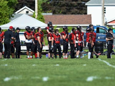Cornwall Wildcats players on the sidelines, watching play against the Peel Panthers on Saturday May 28, 2022 in Cornwall, Ont. The Wildcats won 57-0. Robert Lefebvre/Special to the Cornwall Standard-Freeholder/Postmedia Network