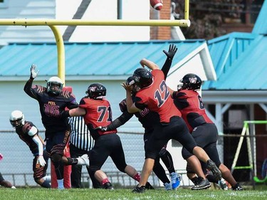 Cornwall Wildcats players have their eye on the ball near the end zone during play against the Peel Panthers on Saturday May 28, 2022 in Cornwall, Ont. The Wildcats won 57-0. Robert Lefebvre/Special to the Cornwall Standard-Freeholder/Postmedia Network