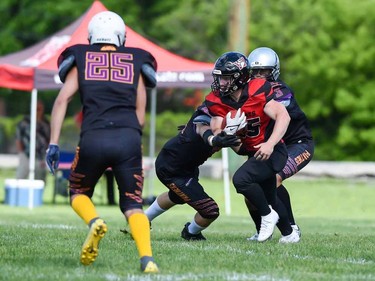 Cornwall Wildcats Damien Nickerson runs the ball during play against the Peel Panthers on Saturday May 28, 2022 in Cornwall, Ont. The Wildcats won 57-0. Robert Lefebvre/Special to the Cornwall Standard-Freeholder/Postmedia Network