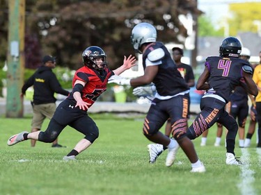 Cornwall Wildcats No. 52 preps to grab a pass during play against the Peel Panthers on Saturday May 28, 2022 in Cornwall, Ont. The Wildcats won 57-0. Robert Lefebvre/Special to the Cornwall Standard-Freeholder/Postmedia Network