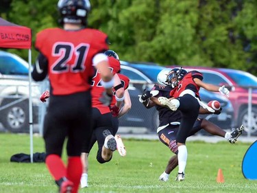 A Cornwall Wildcats player, right, tackling a Peel Panthers player during play on Saturday May 28, 2022 in Cornwall, Ont. The Wildcats won 57-0. Robert Lefebvre/Special to the Cornwall Standard-Freeholder/Postmedia Network