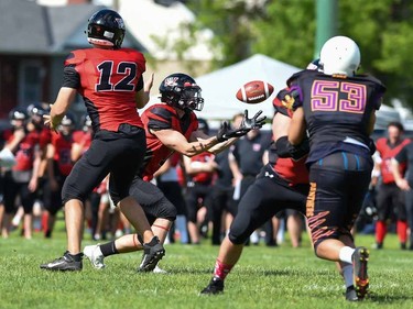 A Cornwall Wildcats player ready for the pass during play against the Peel Panthers on Saturday May 28, 2022 in Cornwall, Ont. The Wildcats won 57-0. Robert Lefebvre/Special to the Cornwall Standard-Freeholder/Postmedia Network