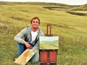 Alberta wildlife artist, Colin Starkevich, painting on-location in May 2021, east of Big Stone Alberta.