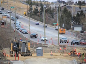 The intersection at the bottom of the hill (Highway 1A and Centre Avenue) is anticipated to fully open later this month. Patrick Gibson/Cochrane Times