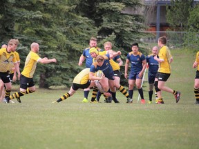 Cochrane’s Bow Valley Grizzlies in an emphatic home win over the Banff Bears at the Mitford Park pitch on May 28. Patrick Gibson/Cochrane Times