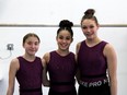 Kailey Poulin (left),  Delaram Ghasemi (middle) and Avery Mccoy at the Norfort Gymnastics gym in downtown Fort McMurray on Monday, May 2, 2022. Laura Beamish/Fort McMurray Today/Postmedia Network