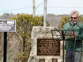 The Huron District Labour Council marked the National Day of Mourning in a solemn ceremony at the Workers' Monument on Gloucester Terrace across from the Historic Gaol in Goderich on April 25. Pictured is Jim Vance of the Huron District Labour Council. Handout