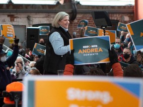 Ontario NDP Leader Andrea Horwath makes an announcement during a rally in Toronto, on Sunday, April 3, 2022.