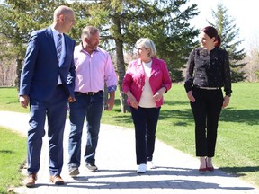Ontario NDP leader Andrea Horwath (second from right) is joined by NDP candidates from Northern Ontario during a campaign stop in Sudbury on Monday. John Lappa/The Sudbury Star