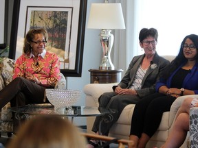 Wanda Costen, from left, dean of the Smith School of Business at Queen's University, Judith Pineault, business mentor at Judith Pineault Consulting, and Rathi Perumal, CEO and founder of Uyir Engineering during a panel at the Greater Kingston Chamber of Commerce's Inspiring Women of Kingston event at the Holiday Inn on Thursday.