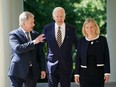 U.S. President Joe Biden, centre, Sweden's Prime Minister Magdalena Andersson, right, and Finland's President Sauli Niinisto arrive to speak in the Rose Garden following a meeting at the White House in Washington, D.C., on Thursday. The U.S. gave its full support for Sweden's and Finland's bids to join NATO, promising to stand by them if threatened by Russia and pressing Turkey to not block their membership.