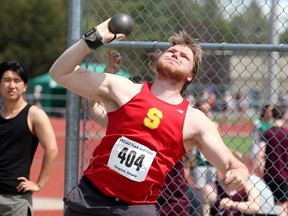 Zac Osborne of the Sydenham Golden Eagles wins the senior boys shot put at the Kingston Area Secondary Schools Athletic Association track and field meet at CaraCo Home Field on Thursday.
