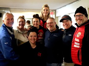 Everybody likes to get into the act at the Ice Stock Tournament held at the Gananoque Curling Club on April 29-30. L-r, Karl Hammer Sr., Natasha Vankoughnett, Becca Smith, Chris Lambert, Dan Kerr, Paul Blais.  At back, Bianca Sinclair, and front Ashley Snow.  
Lorraine Payette/for Postmedia Network