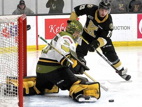 Kingston Frontenacs winger Francesco Arcuri shoots wide on North Bay Battalion goaltender Dom DeVincentiis in Game 4 of their Ontario Hockey League Eastern Conference semifinal at the Leon's Centre on Thursday.