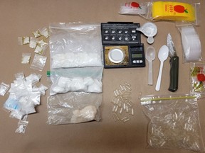 Drugs and drug paraphernalia seized during a traffic stop by Ontario Provincial Police on April 30, 2022.