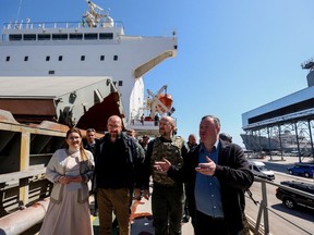 European Council President Charles Michel, second from left, and Ukrainian Prime Minister Denys Shmyhal, second from right, visit a sea port as Russia's attack on Ukraine continues, in Odesa, Ukraine, on May 9.