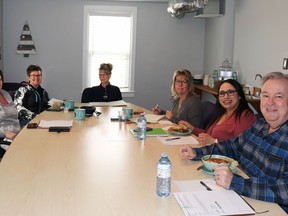 In April at Crockett House Cafe, (l-r) Mayor Janet Jabush, Karen Hamelin, Karry Manegre, Michelle Jones, Alyssa Calliou and Mark Dickin discussed Mayerthorpe’s future in the chamber of commerce. Possibilities raised included a chapter in the chamber, which has now been established.