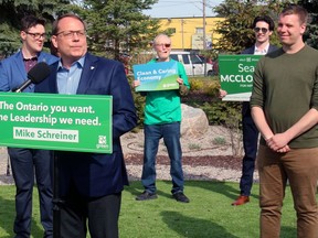 Ontario Green Party Leader Mike Schreiner outlines his party's platform in the June 2 provincial election, while Nipissing candidate McClocklin and Timiskaming-Cochrane candidate Kris Rivard show their support, Tuesday.
PJ Wilson/The Nugget