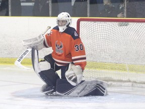 Soo Thunderbirds goaltender Noah Metivier in NOJHL regular season action at the John Rhodes Community Centre. Metivier was named the NOJHL playoff MVP as the Thunderbirds beat the Hearst Lumberjacks in seven games to win the league championship.