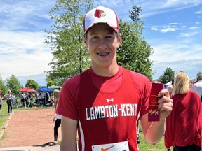 Mitchell Pegg of the Lambton-Kent Cardinals won the novice boys' shot put on Day 1 of the OFSAA West Region track and field meet in LaSalle, Ont., on Friday, May 27, 2022. (Contributed Photo)