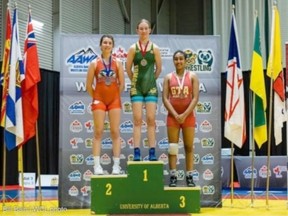 A photo of the U20 (Junior) podium at the National Wrestling Championships held in Edmonton, Alberta from May 26 to 29. Renfrew Collegiate Institute graduate and current University of Alberta student Savana Pinsent, centre, took the gold followed by Samantha Adams, left, of Brock Wrestling Club and Tarleen Kaur Saroya of GTA Alliance was third. Pinsent was a member of the Renfrew Wrestling Team Vipers and won OFSAA gold for RCI. Submitted photo