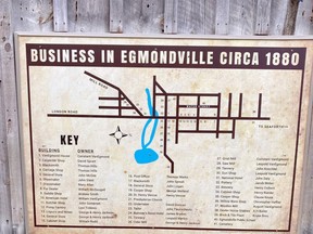 A new sign placed at Van Egmond House depicts the businesses in Egmondville circa the 1880s. Handout