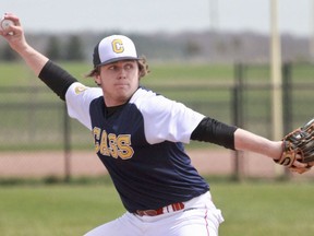 College Avenue pitcher Aidan George delivers a change-up to an East Elgin batter during the Thames Valley Southeast baseball game Thursday in Woodstock.