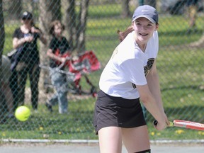 SDSS's Meg Feore readies for a backhand in the girls' doubles final at Thursday's Huron-Perth tennis championships in Stratford.