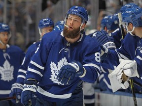 Jake Muzzin of the Toronto Maple Leafs celebrates a goal against the Tampa Bay Lightning during the first period of Game One of the First Round of the 2022 Stanley Cup Playoffs at Scotiabank Arena on May 2, 2022 in Toronto, Ontario, Canada.