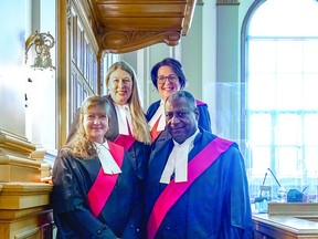 NEW JUDGE Former Assistant Crown Attorney Dana Peterson was sworn-in on Thursday as a Judge of the Ontario Court of Justice. The Hon. Justice Dana Peterson (top left) is pictured with Chief Justice Lise Maisonneuve (top right), Associate Chief Justice Aston Hall (bottom right) and Northeast Regional Senior Justice Karen Lische (bottom left). Justice Peterson has been assigned to the Elliot Lake Court of Justice and will also preside over courts in Blind River and Espanola. BOB DAVIES