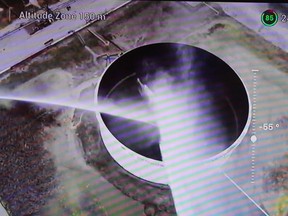An image from a drone flying above an emergency simulation exercise Monday at the Imperial Oil tank farm in Sarnia.