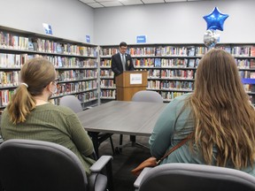 Lambton County Warden Kevin Marriott speaks at the reopening of the Forest branch of the Lambton County Library. The interior of the building was recently renovated.