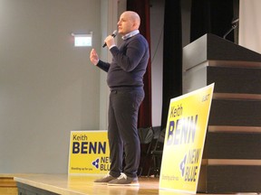 Jim Karahalios, leader of the New Blue Party of Ontario, speaks during a campaign stop Saturday at the Sarnia Library Theatre.