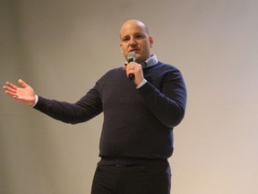 Jim Karahalios, leader of the New Blue Party of Ontario, speaks during a campaign stop Saturday at the Sarnia Library Theatre.