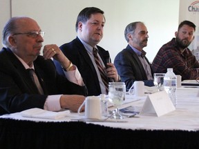 Sarnia-Lambton provincial election candidates Bob Bailey, left, Mark Russell, Keith Benn and Dylan Stelpstra participated in an all-candidates meeting at the Sarnia Golf and Curling Club May 10, 2022. (Tyler Kula/ The Observer)