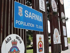 Sarnia's entrance sign on a community sign board on Front Street. City council recently awarded a $130,000 to replace some city signs and add others. (Tyler Kula/ The Observer)