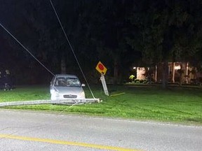 Motorists were asked to avoid Blackwell Road between Modeland Road and Metcalfe Drive while Bluewater Power replaced downed hydro wires following a two-car crash on Sunday, May 22, 2022. (Sarnia police)
