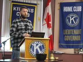 Dylan Stelpstra, the NDP candidate in Sarnia-Lambton, speaks during Tuesday's Kiwanis Club of Sarnia-Lambton Golden K meeting in Sarnia.