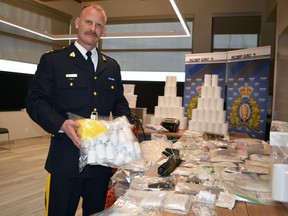 Insp. Mike Lokken, detachment commander for Parkland RCMP, stands in front of the largest quantity of drugs ever seized in the region. Parkland RCMP made the drug bust on April 10, following a lengthy investigation. Kristine Jean