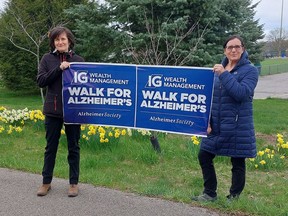 Erica Wright, left, behavioural outreach worker, and  Maria Leitao, First Link care navigator, with the Alzheimer Society of Brant Haldimand Norfolk, Hamilton Halton took a stroll on the Rotary Sunrise Trail in Simcoe earlier this week in support of the  annual IG Wealth Management Walk for Alzheimer's fundraiser to be held May 28. FACEBOOK