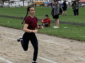 Naiya Bilger, novice competitor at the Delhi District Second School track and field event held May 4, placed first place in the women's 100-meter dash and 200-meter dash.  ALEX HUNT