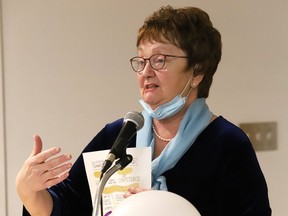 Mayoral candidate Evelyn Dutrisac speaks at the ParkSide Centre as part of an International Women's Day event on March 8.