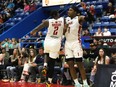 Braylon Rayson, left, and Jaylen Bland, of the Sudbury Five, celebrate a last second basket by Bland during basketball action against KW Titans at the Sudbury Community Arena in Sudbury, Ont. on Tuesday May 17, 2022. John Lappa/Sudbury Star/Postmedia Network