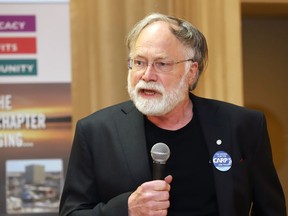 Sudbury Green Party candidate David Robinson makes a point at an all-candidates meeting hosted by the local chapter of the Canadian Association of Retired Persons (CARP) in Sudbury, Ont. on Wednesday May 18, 2022. John Lappa/Sudbury Star/Postmedia Network